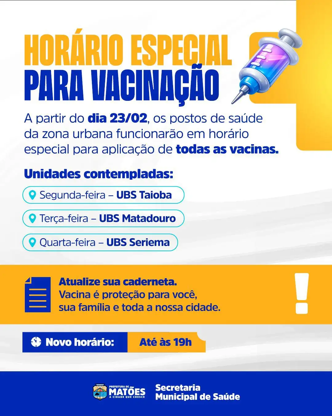 Postos de saúde da zona urbana de Matões terão horário especial para atualização da caderneta de vacinação