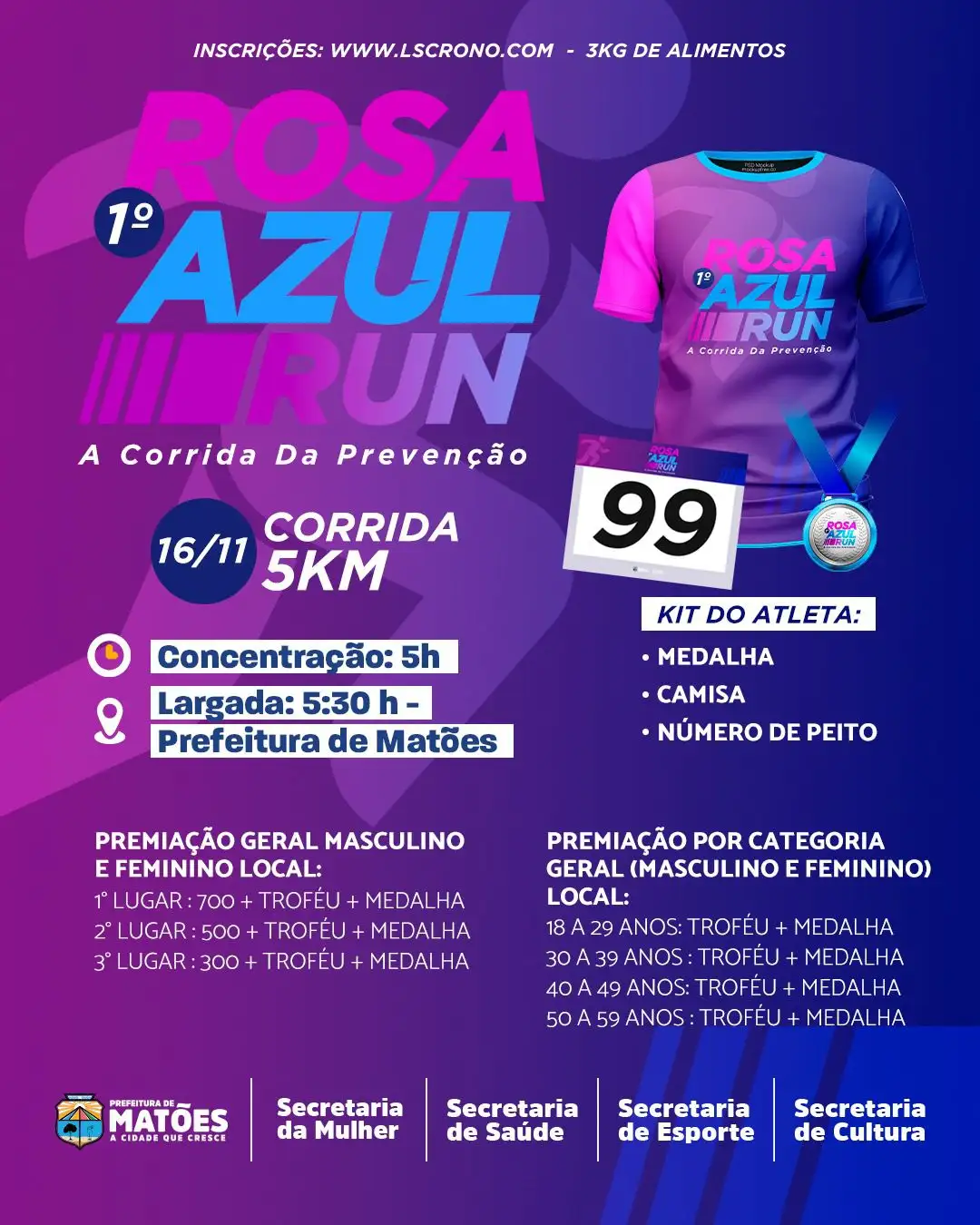 Prefeitura de Matões abre inscrições para a 1ª Corrida Rosa Azul Run