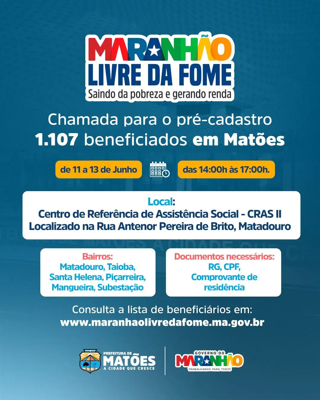 Prefeitura de Matões convoca beneficiários do Bolsa Família para pré-cadastro no Programa "Maranhão Livre da Fome