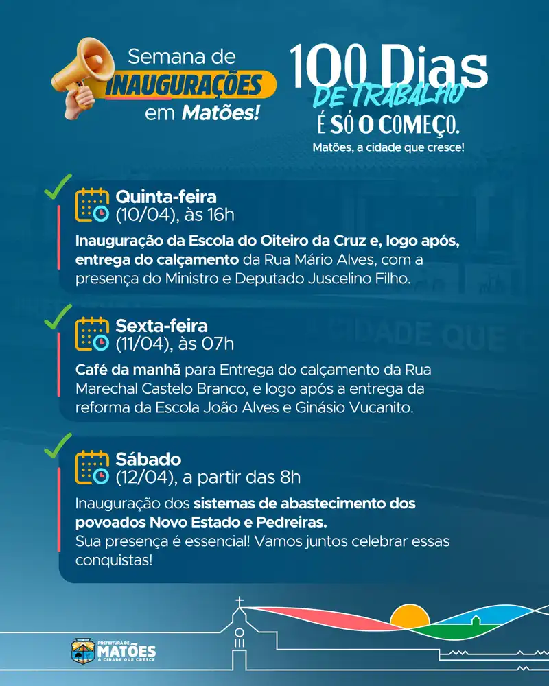 Prefeitura de Matões se prepara para comemorar os 100 dias de governo com grandes entregas para a população